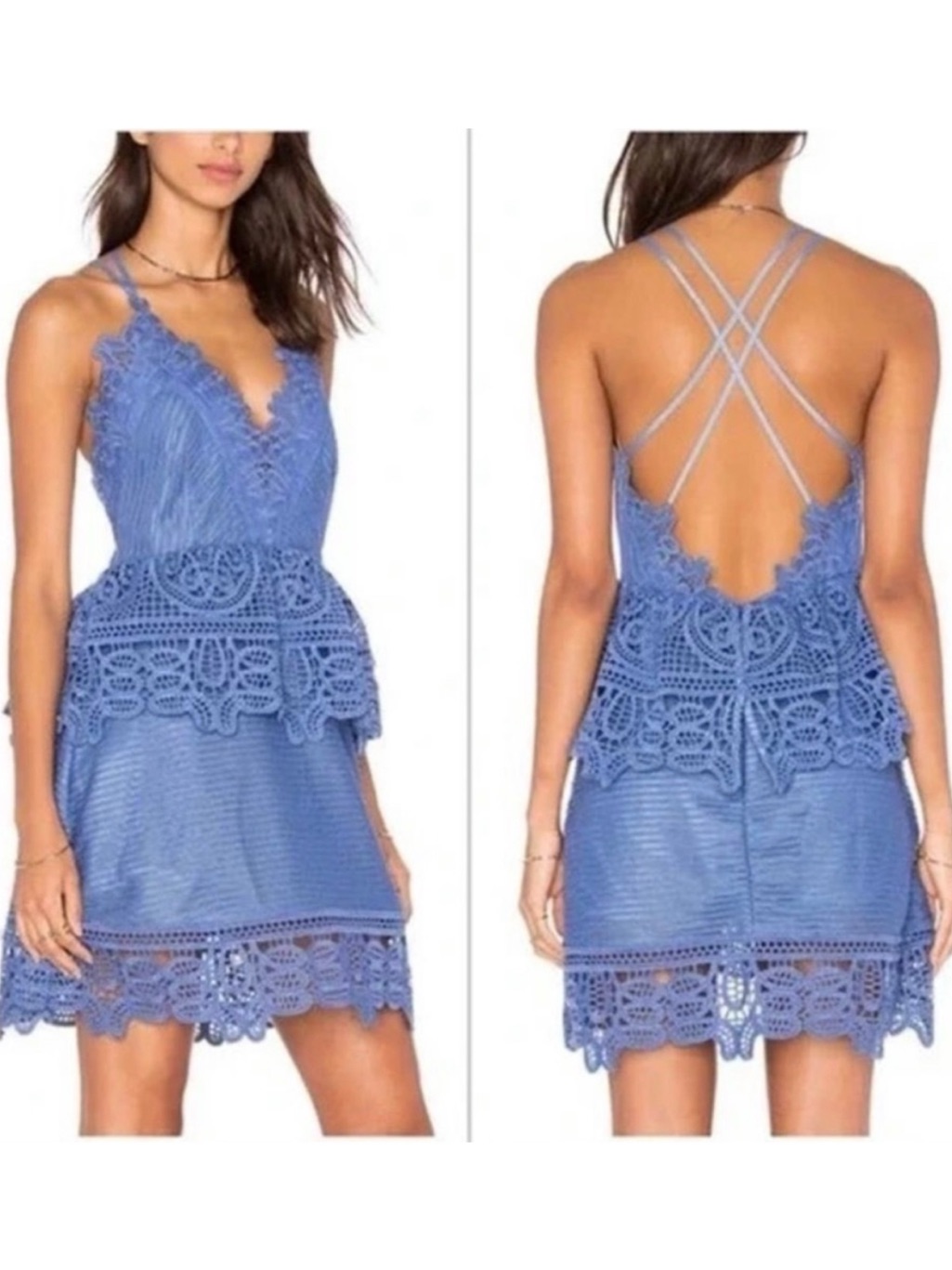 Self Portrait Guipure Lace Peplum Mini Dress 6 Cornflower Blue